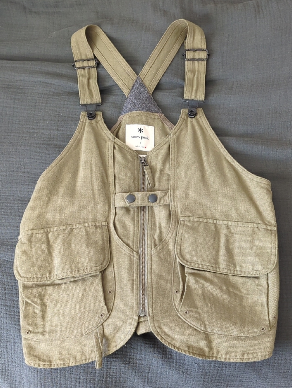 Snow Peak Olive Canvas Utility Vest with Crossback Straps